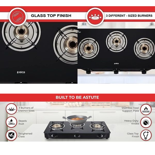 Elica 3 Burner Cooktop with 1 Jumbo Burner and Tempered Glass, Black, CT VETRO 370J