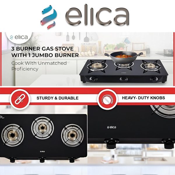 Elica 3 Burner Cooktop with 1 Jumbo Burner and Tempered Glass, Black, CT VETRO 370J