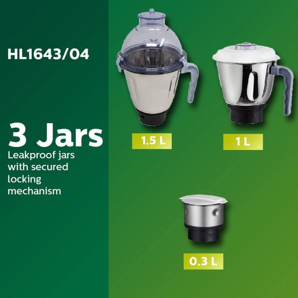 PHILIPS HL1643/04, 600 Watt 3 Jar Mixer Grinder with Vacuum Feet, White
