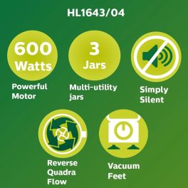 PHILIPS HL1643/04, 600 Watt 3 Jar Mixer Grinder with Vacuum Feet, White