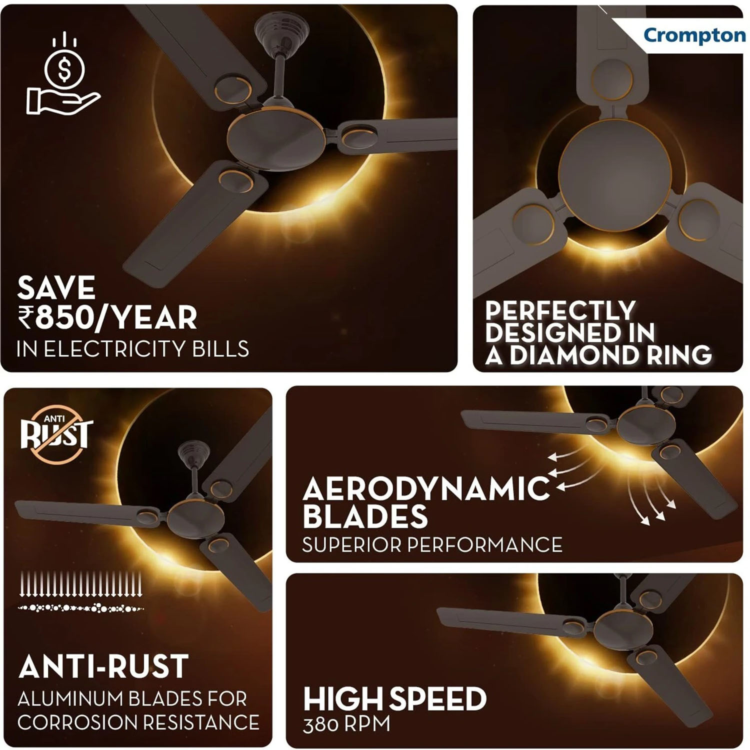 Crompton 1200MM (48 Inch) Ceiling Fan with Anti Rust, High Speed and Aerodynamic Blades, Smoked Brown, Montania Crompton 1200MM (48 Inch) Ceiling Fan with Anti Rust, High Speed and Aerodynamic Blades, Smoked Brown, Montania