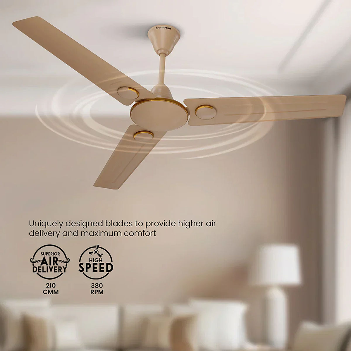 Crompton 1200MM (48 Inch) Ceiling Fan with Anti Rust, High Speed and Aerodynamic Blades, Glided Biege, Montania Crompton 1200MM (48 Inch) Ceiling Fan with Anti Rust, High Speed and Aerodynamic Blades, Glided Biege, Montania