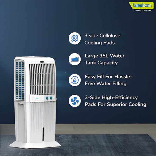 Symphony 95 Liter Desert Air Cooler with 3 Side Honeycomb Pads and Fan, White, Storm C 100XL