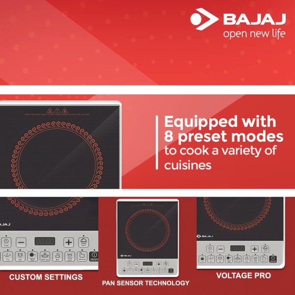 Bajaj 1900 Watt Induction Cooktop with Pan Sensor, Voltage Pro Technology and 8 Pre Set Menus, Black, MAJESTY ICX PEARL