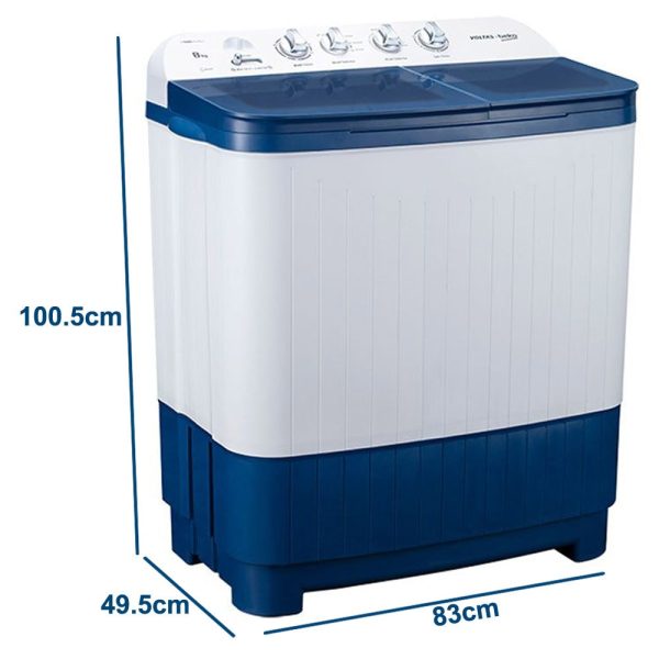 Voltas Beko WTT80DBLG, 8 KG Semi Automatic Machine with Cascade Waterfall System and IPX4 Control, Blue