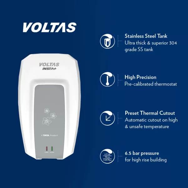 Voltas Insta, 3 Litre (3000W) Instant Water Heater with 5 Star Rating and 6.5 Bar Pressure, White