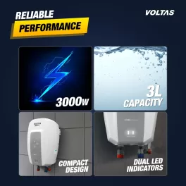 Voltas Insta, 3 Litre (3000W) Instant Water Heater with 5 Star Rating and 6.5 Bar Pressure, White