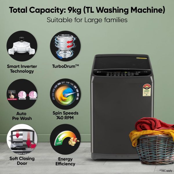 LG T90AJMB1Z, 9 KG Fully Automatic Top Load Machine with Smart Inverter Motor, Auto Tub Clean and Smart Diagnostics, Middle Black