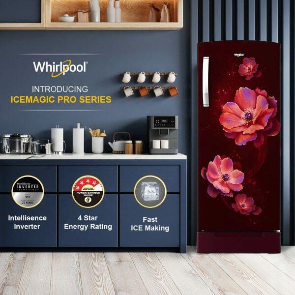 Whirlpool 215 Impro PRM 4S Inv, 192 Litre 4 Star Single Door Refrigerator with Inverter Compressor and Upto 7 Days Garden Freshness, Wine Antellia