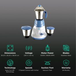 Boss B222, 500 Watt 3 Jar Mixer Grinder with 3 Variable Speed and 18000 RPM, Blue/White