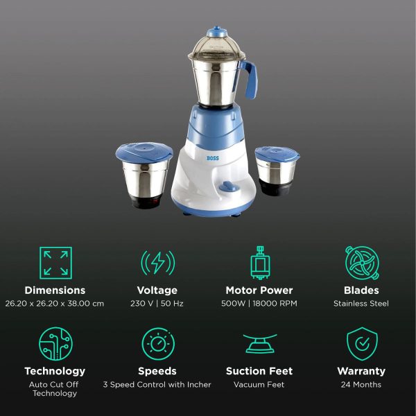 Boss B222, 500 Watt 3 Jar Mixer Grinder with 3 Variable Speed and 18000 RPM, Blue/White