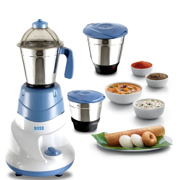 Boss B222, 500 Watt 3 Jar Mixer Grinder with 3 Variable Speed and 18000 RPM, Blue/White