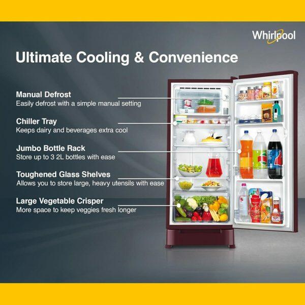 Whirlpool 215 Impro PRM 4S Inv, 192 Litre 4 Star Single Door Refrigerator with Inverter Compressor and Upto 7 Days Garden Freshness, Wine Antellia