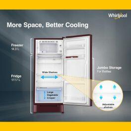 Whirlpool 215 Impro PRM 4S Inv, 192 Litre 4 Star Single Door Refrigerator with Inverter Compressor and Upto 7 Days Garden Freshness, Wine Antellia
