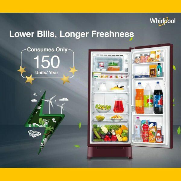 Whirlpool 215 Impro PRM 4S Inv, 192 Litre 4 Star Single Door Refrigerator with Inverter Compressor and Upto 7 Days Garden Freshness, Wine Antellia