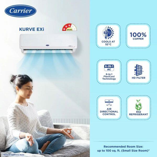 Carrier 18K 3S Kurve, 1.5 Ton 3 Star Inverter Split AC with 6-in-1 Convertible and Copper Compressor, White