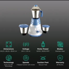 Boss B222, 500 Watt 3 Jar Mixer Grinder with 3 Variable Speed and 18000 RPM, Blue/White