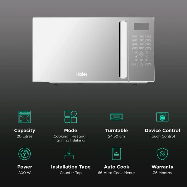 Haier HIL2001CSSH, 20 Litre Convection Microwave Over with Mirror Glass Design and 66 Auto Cook Menu, Silver