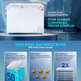 Haier HFC-400DM5 383 Litre Convertible Double Door Deep Freezer with 5 Star, White