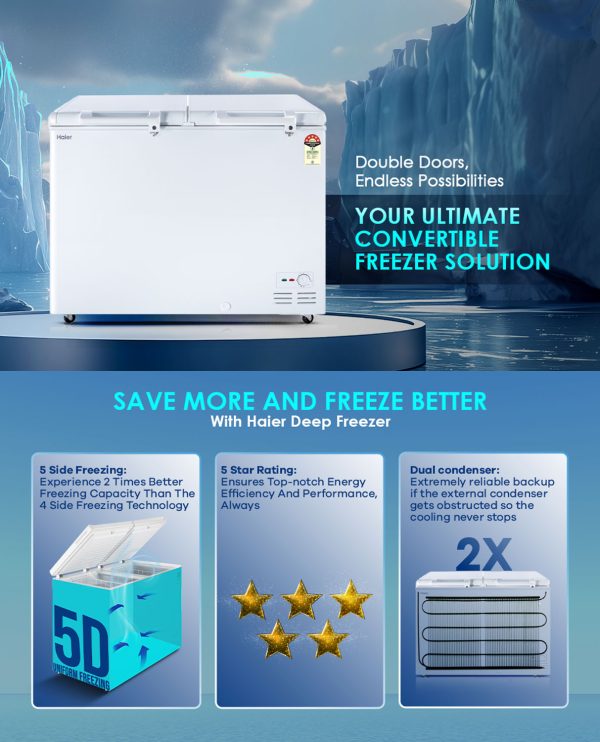 Haier HFC-400DM5 383 Litre Convertible Double Door Deep Freezer with 5 Star, White