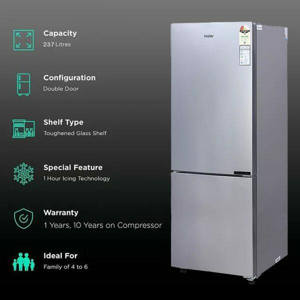 Haier 237 Litre 2 star Bottom Mount Refrigerator, Moon Silver (HRB-2872BMS)