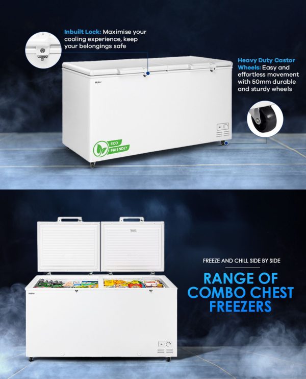 Haier HFC-385CM5, 385 Litre Combo Chest Freezer with Dual Condensor and Two Seperate Compartment with Upto 40% Energy Saving, White