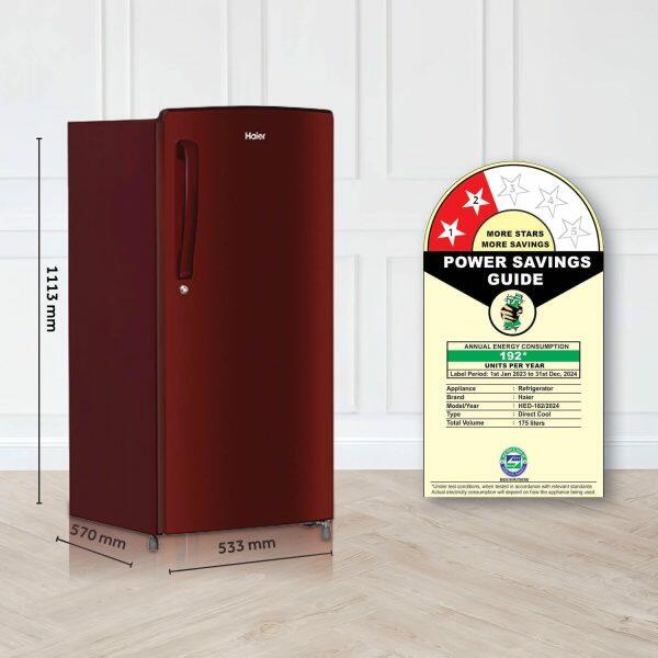 Haier 175 Litre 2 Star Single Door Refrigerator, Burgundy Red (HRD1962BBR)