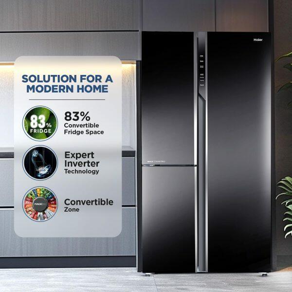 Haier 598 Litre Triple Door Side by Side Refrigerator, Black Glass (HRT-683KG)