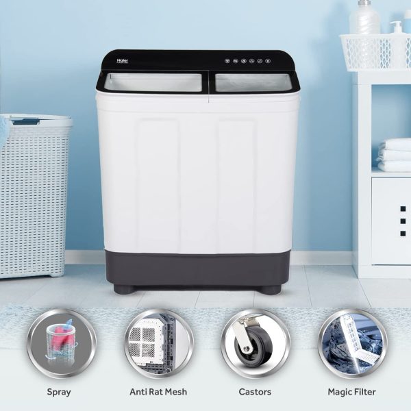 Haier HTW85-178BK, 8.5 KG Semi Automatic Machine with Softfall Close Door and Vortex Pulsator, Black