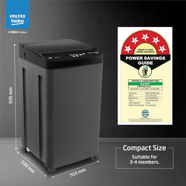 Voltas Beko WTL6504UEA, 6.5 KG Fully Automatic Top Load Machine with Double Waterfall and Toughened Glass, Dark Grey