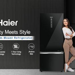 Haier 445 Litre 2 Star Bottom Mount Refrigerator, Black Glass (HRB-4952CKG)