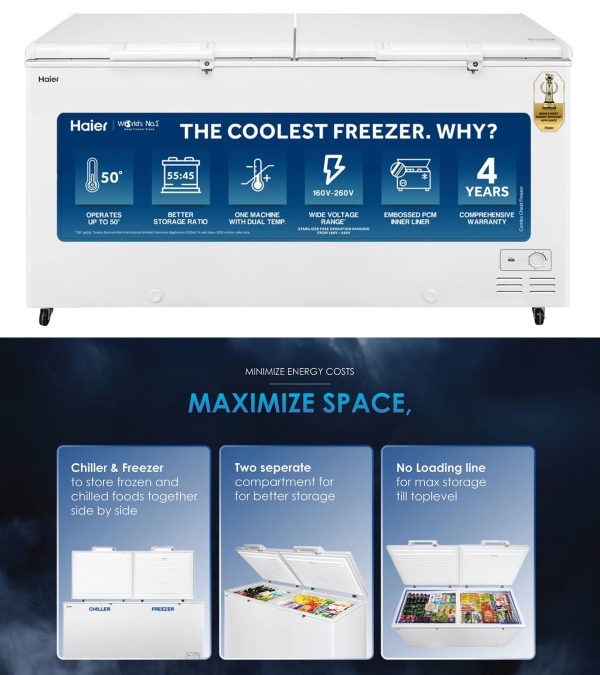 Haier HFC-385CM5, 385 Litre Combo Chest Freezer with Dual Condensor and Two Seperate Compartment with Upto 40% Energy Saving, White