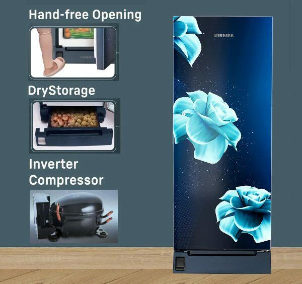 Liebherr DFPiDC 2221, 222 L in 3 star Pure Single-door refrigerator with iCoolTouch UI,Handsfree, Foot Pedal, Base Drawer, 20 Years Warranty on Compressor, Blue Divine
