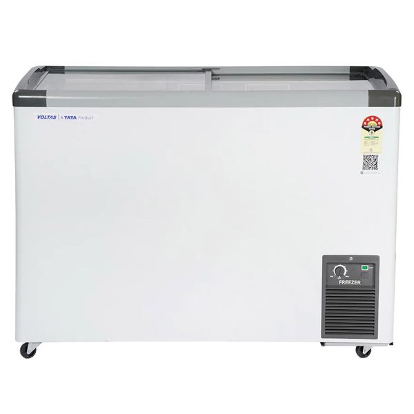 Voltas GT340, 275 Litre Glass Top Deep Freezer with 5 Star Rating and Inbuilt LED Lights, White
