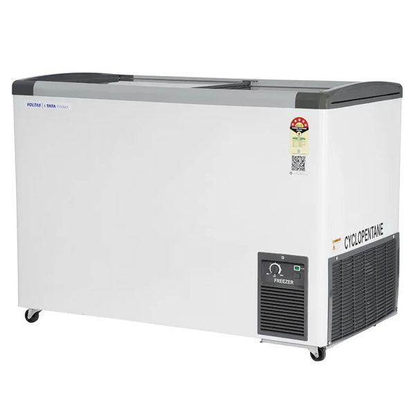 Voltas GT340, 275 Litre Glass Top Deep Freezer with 5 Star Rating and Inbuilt LED Lights, White