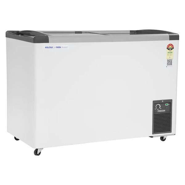 Voltas GT340, 275 Litre Glass Top Deep Freezer with 5 Star Rating and Inbuilt LED Lights, White