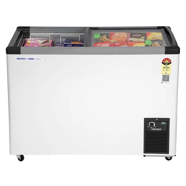 Voltas GT340, 275 Litre Glass Top Deep Freezer with 5 Star Rating and Inbuilt LED Lights, White