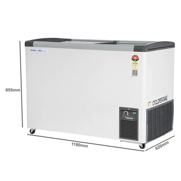 Voltas GT340, 275 Litre Glass Top Deep Freezer with 5 Star Rating and Inbuilt LED Lights, White