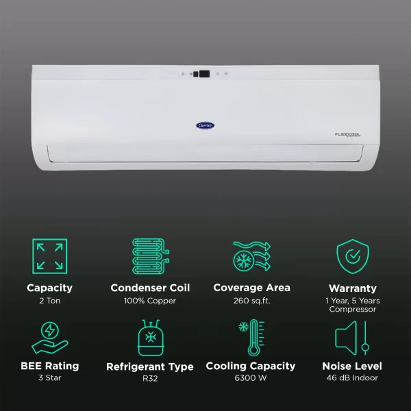 Carrier 24K 3S Durawhite 2 Ton 3 Star Non-Inverter Split AC with Refrigerant Leakage Detector, White