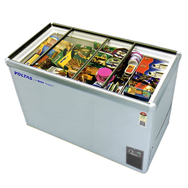 Voltas GT340, 275 Litre Glass Top Deep Freezer with 5 Star Rating and Inbuilt LED Lights, White