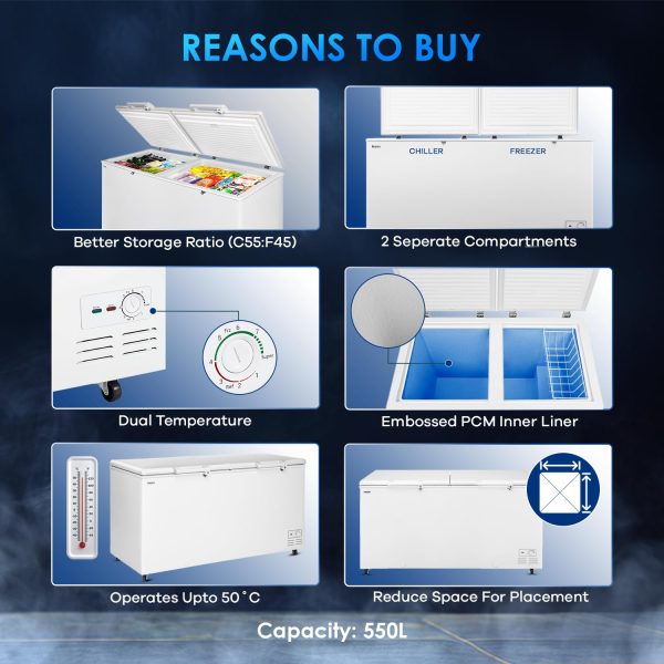 Haier HFC-550CM5, 550 Litre Combo Chest Freezer with Dual Condensor and Two Seperate Compartment with Interior Light, White