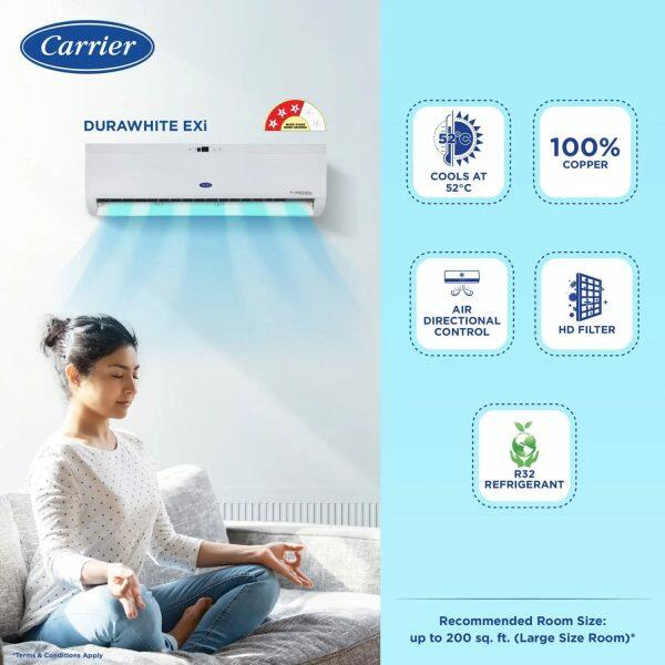 Carrier 24K 3S Durawhite 2 Ton 3 Star Non-Inverter Split AC with Refrigerant Leakage Detector, White