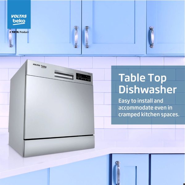 Voltas DT8S, 8 Place Table Top Dishwasher wih 6 Wash Program, 2 Wash Level and Intensive 70 Degree Wash, Silver