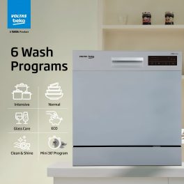 Voltas DT8S, 8 Place Table Top Dishwasher wih 6 Wash Program, 2 Wash Level and Intensive 70 Degree Wash, Silver