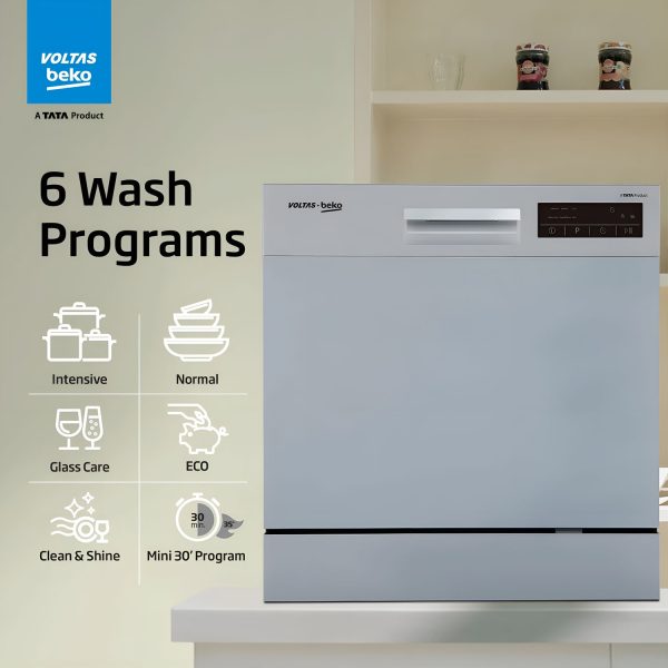 Voltas DT8S, 8 Place Table Top Dishwasher wih 6 Wash Program, 2 Wash Level and Intensive 70 Degree Wash, Silver