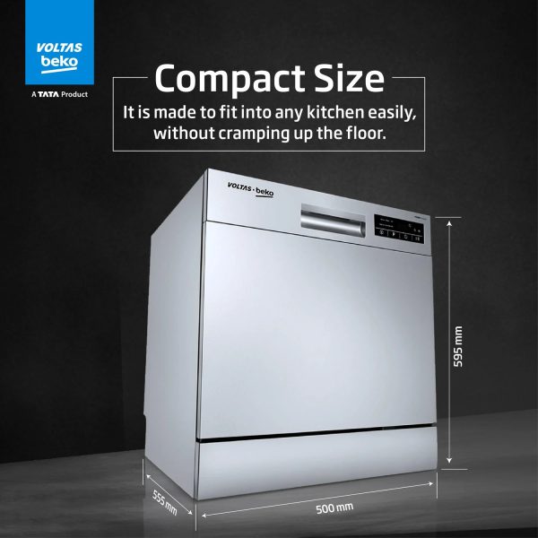 Voltas DT8S, 8 Place Table Top Dishwasher wih 6 Wash Program, 2 Wash Level and Intensive 70 Degree Wash, Silver