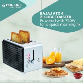 Bajaj Juvel, 750 Watt 2 Slice Pop Up Toaster with 6 Step Browning Control and Slide Out Crum Tray, Silver