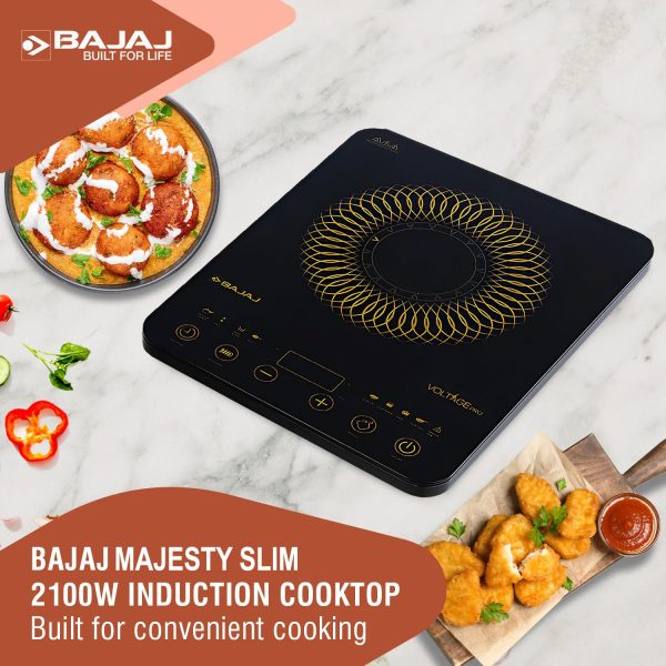 Bajaj Majesty Slim, 2100 Watt Induction Cooktop with 8 Auto Cook Menu and Feather Touch Control, Black