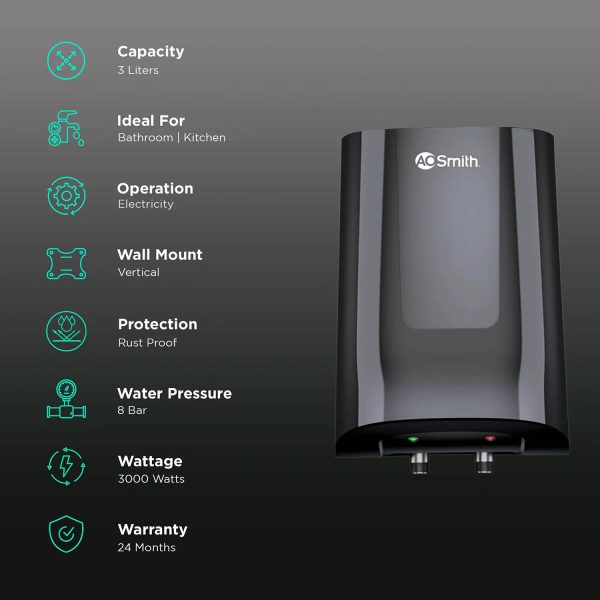 AO Smith Minibot, 3 Litre Instant Water Heater with 8 Pressure Bar and Stylish Design, Black