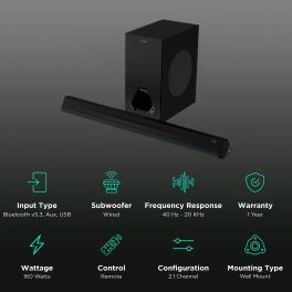 boat Aavante Bar Aura, 160W Soundbar with 2.1 Channel Wired Subwoofer, Pitch-Black